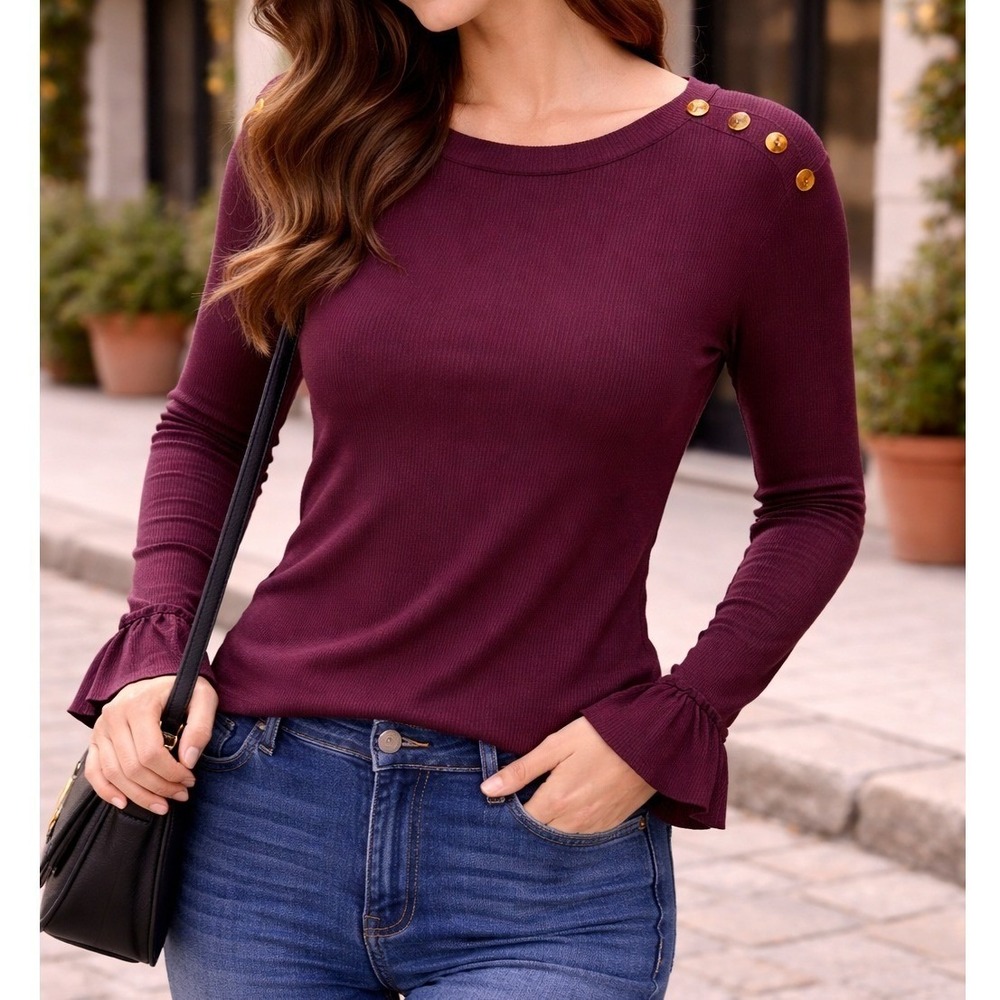 Lauren Ralph Lauren Burgundy Button Shoulder Ruffle Cuff Ribbed Knit Top Small